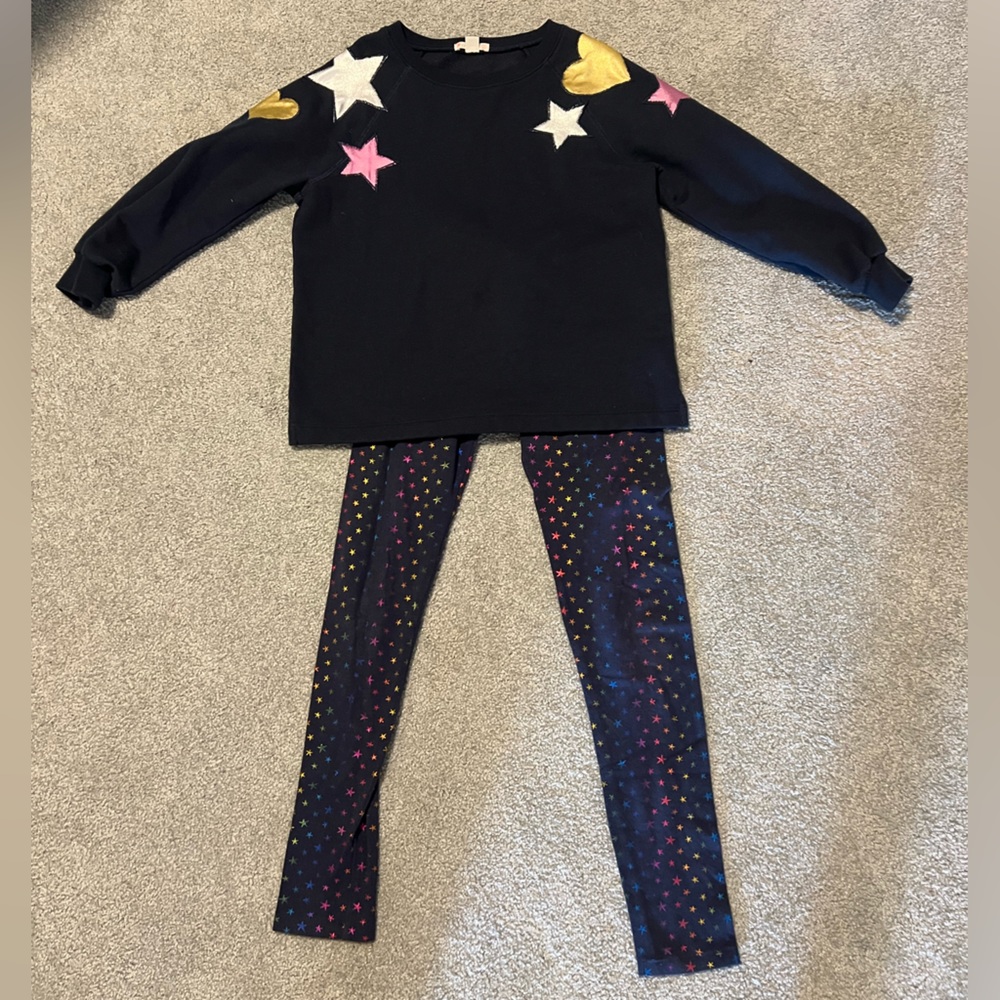 Girls J Crew Navy/Pink Stars and Heart Sweatshirt and Leggings, Size 10